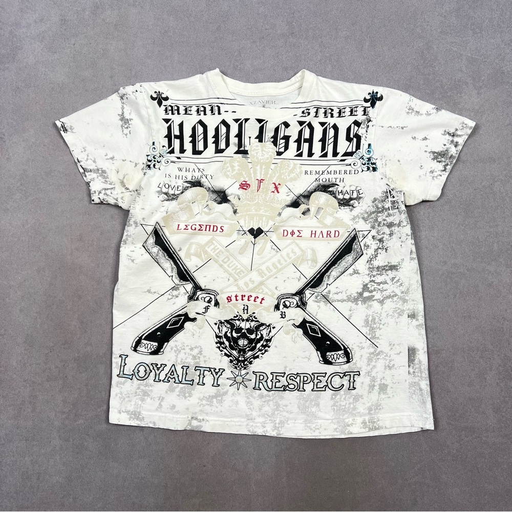 Y2K Xzavier White T-Shirt with Black Graphic Affliction Style